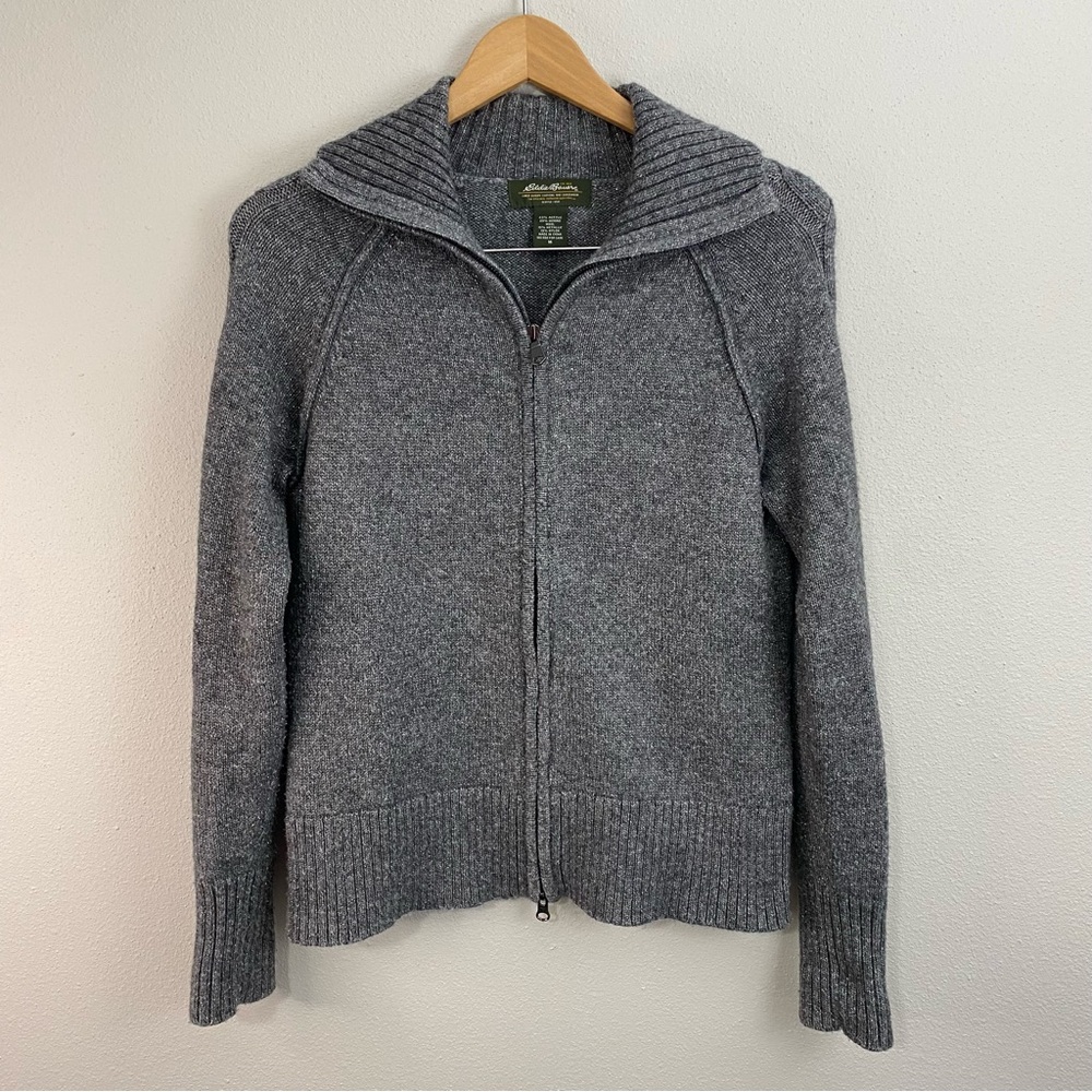 Eddie Bauer Full Zip Sweater Jacket Wool/Metallic Silver Sparkly Woman's Medium